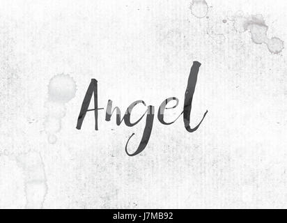 The word Angel concept and theme painted in black ink on a watercolor wash background. Stock Photo