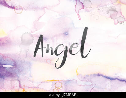 The word Angel concept and theme written in black ink on a colorful painted watercolor background. Stock Photo