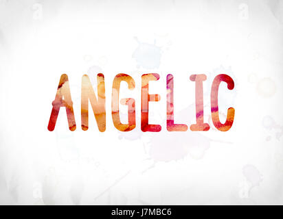 The word Angelic concept and theme painted in colorful watercolors on a white paper background. Stock Photo