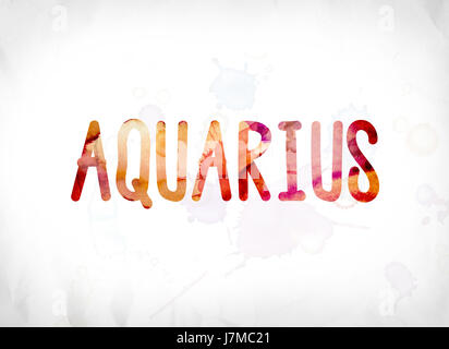 The word Aquarius concept and theme painted in colorful watercolors on a white paper background. Stock Photo