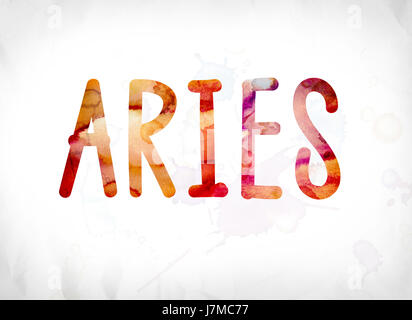 The word Aries concept and theme painted in colorful watercolors on a white paper background. Stock Photo