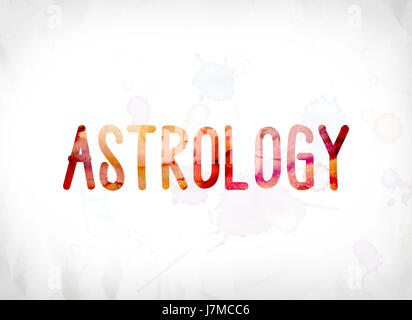 The word Astrology concept and theme painted in colorful watercolors on a white paper background. Stock Photo