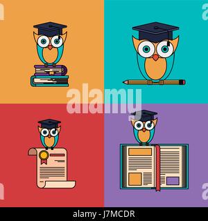 multicolored set background with owl with school and graduation elements Stock Vector