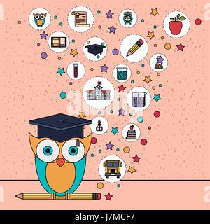 color background with sparkles of owl on pencil with education element icons Stock Vector