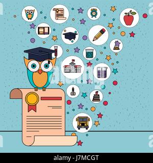 color background with sparkles of owl on certificate with education element icons Stock Vector