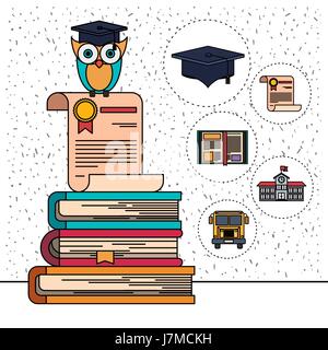 color background with sparkles of owl on certificate and stack of books with education element icons Stock Vector