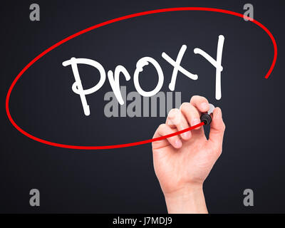 Man Hand writing Proxy with black marker on visual screen. Isolated on background. Business, technology, internet concept. Stock Photo Stock Photo