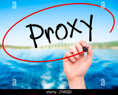 Man Hand writing Proxy with black marker on visual screen. Isolated on background. Business, technology, internet concept. Stock Photo Stock Photo