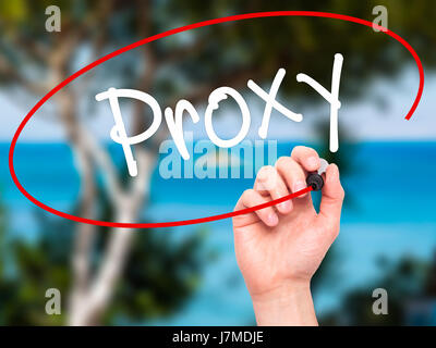 Man Hand writing Proxy with black marker on visual screen. Isolated on background. Business, technology, internet concept. Stock Photo Stock Photo