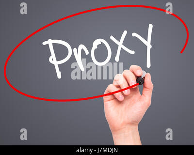 Man Hand writing Proxy with black marker on visual screen. Isolated on background. Business, technology, internet concept. Stock Photo Stock Photo