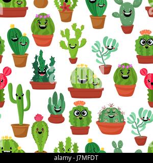 Seamless pattern with cute kawaii cactus and succulents with funny faces in pots.White background. Vector illustration Stock Vector