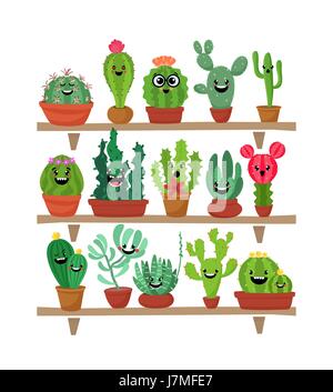 Big set of cute cartoon cactus and succulents with funny faces. Cute stickers or patches or pins collection. plants are friends set.Funny and cute cartoon desert cactus in pots vector set Stock Vector