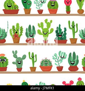 Collection of abstract cactuses in flower pot on shelves. Stock Vector