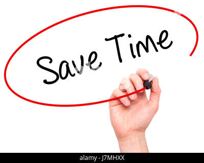 Man Hand writing Save Time with black marker on visual screen. Isolated on white. Business, technology, internet concept. Stock Photo Stock Photo