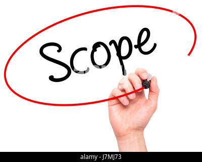 Man Hand writing Scope with black marker on visual screen. Isolated on white. Business, technology, internet concept. Stock Photo Stock Photo