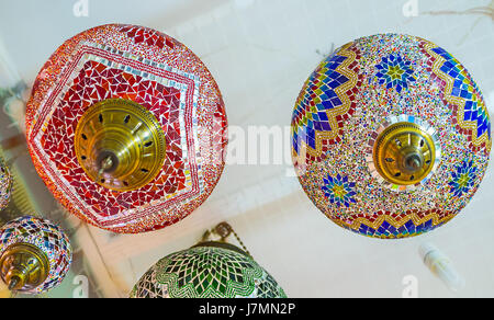 KEMER, TURKEY - MAY 5, 2017: The handmade arabian lights are popular souvenirs from Turkish resorts, on May 5 in Kemer. Stock Photo