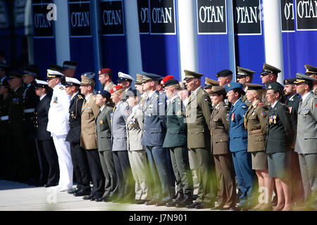 Brussels, Belgium. 25th May, 2017. Soldiers stand by at the handover ceremony of the new NATO headquarters during a one-day NATO Summit, in Brussels, Belgium, May 25, 2017. Credit: Ye Pingfan/Xinhua/Alamy Live News Stock Photo