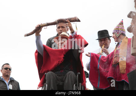 President of Ecuador, Lenin Moreno receives the ceremonial staff of indigenous leaders in the archaeological park of Cochasquí, an area considered sacred in Ecuador, in Cochasquí, Thursday, May 25, 2017. President of Bolivia Evo Morales attended the event and gave gifts to the new president of Ecuador. Credit: Franklin Jácome/Alamy Live News Stock Photo