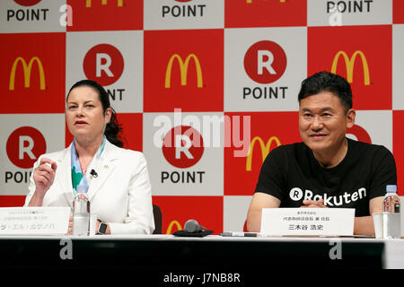 (L to R) McDonald's Japan CEO and President Sarah Casanova and Japan's online shopping giant Rakuten president Hiroshi Mikitani speak during a news conference on May 26, 2017, Tokyo, Japan. Rakuten and McDonald's have cemented their business relationship by launching an original point card which can be used at all of the 2,900 McDonald's stores in Japan. Credit: Rodrigo Reyes Marin/AFLO/Alamy Live News Stock Photo