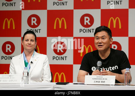 (L to R) McDonald's Japan CEO and President Sarah Casanova and Japan's online shopping giant Rakuten president Hiroshi Mikitani speak during a news conference on May 26, 2017, Tokyo, Japan. Rakuten and McDonald's have cemented their business relationship by launching an original point card which can be used at all of the 2,900 McDonald's stores in Japan. Credit: Rodrigo Reyes Marin/AFLO/Alamy Live News Stock Photo