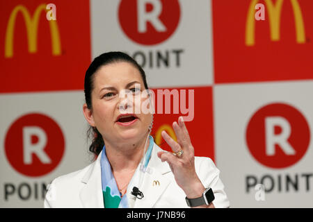 McDonald's Japan CEO and President Sarah Casanova speaks during a news conference on May 26, 2017, Tokyo, Japan. Rakuten and McDonald's have cemented their business relationship by launching an original point card which can be used at all of the 2,900 McDonald's stores in Japan. Credit: Rodrigo Reyes Marin/AFLO/Alamy Live News Stock Photo