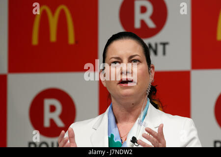 McDonald's Japan CEO and President Sarah Casanova speaks during a news conference on May 26, 2017, Tokyo, Japan. Rakuten and McDonald's have cemented their business relationship by launching an original point card which can be used at all of the 2,900 McDonald's stores in Japan. Credit: Rodrigo Reyes Marin/AFLO/Alamy Live News Stock Photo