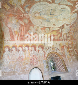 Chancel frescoes dated 1120s St Marys Norman Church, Kempley, Newent, Gloucestershire Stock Photo