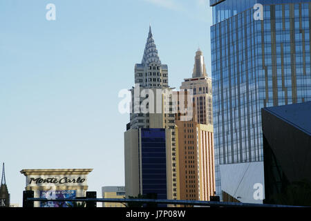 The New York-New York Hotel in Las Vegas, Nevada, is known for its iconic skyline, featuring replicas of New York landmarks. It is a popular resort offering entertainment, dining, and lodging in the heart of Las Vegas. Stock Photo
