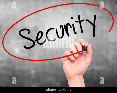 Man Hand writing Security with black marker on visual screen. Isolated on background. Business,  technology, internet concept. Stock Photo Stock Photo