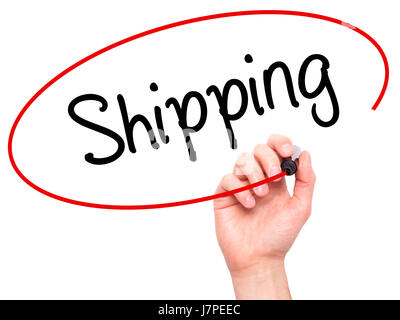 Man Hand writing Shipping with black marker on visual screen. Isolated on background. Business, technology, internet concept. Stock Photo Stock Photo
