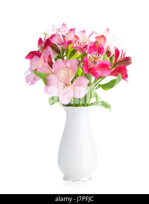 Bouquet of Alstroemeria flowers in  white porcelain vase isolated on white background. Stock Photo