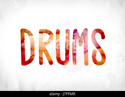 The word Drums concept and theme painted in colorful watercolors on a white paper background. Stock Photo