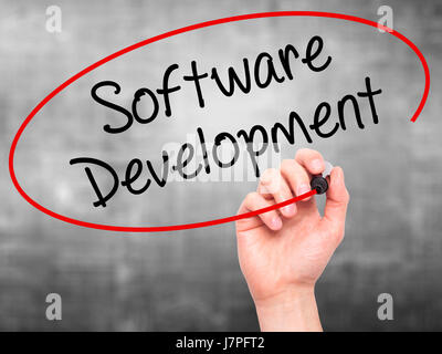 Man Hand writing Software Development with black marker on visual screen. Isolated on background. Business, technology, internet concept. Stock Photo Stock Photo