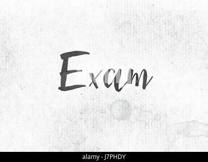 The word Exam concept and theme painted in black ink on a watercolor wash background. Stock Photo