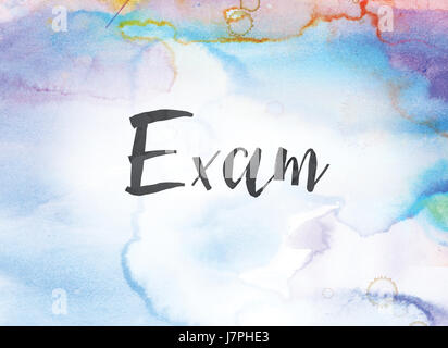 The word Exam concept and theme written in black ink on a colorful painted watercolor background. Stock Photo