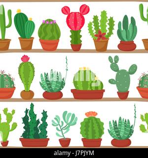 Seamless pattern of cactuses and succulents in pots on a shelves. Indoor plants on the shelves isolated on white background. Natural background of indoor plants in a flat style. Vector illustration. Stock Vector