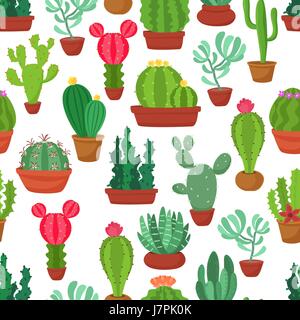Colorful seamless pattern of funny cactus and succulent. Houseplant and wild cactus background. Stock Vector