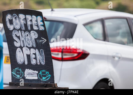 Coffee Shop Open chalk sign outdoors Stock Photo