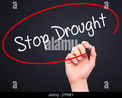 Man Hand writing  Stop Drought with black marker on visual screen. Isolated on background. Business, technology, internet concept. Stock Photo Stock Photo