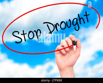 Man Hand writing  Stop Drought with black marker on visual screen. Isolated on background. Business, technology, internet concept. Stock Photo Stock Photo