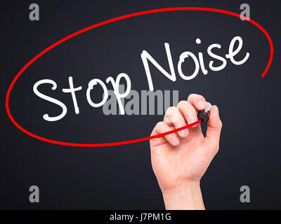 Man Hand writing Stop Noise   with black marker on visual screen. Isolated on background. Business, technology, internet concept. Stock Photo Stock Photo