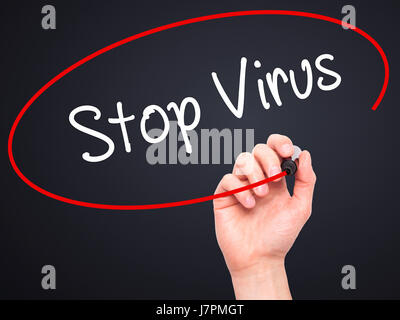 Man Hand writing Stop Virus with black marker on visual screen. Isolated on black. Business, technology, internet concept. Stock Photo Stock Photo