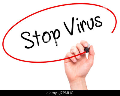 Man Hand writing Stop Virus with black marker on visual screen. Isolated on white. Business, technology, internet concept. Stock Photo Stock Photo