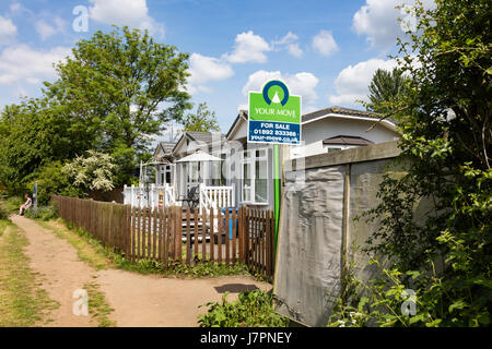 Cabin built static homes for sale on the tow path on the River Medway at Tea Pot Island, near Yalding, Kent, UK Stock Photo