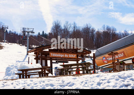 Telesiege du Golf, Meribel Village, Three Valleys, French Alps, France. Golf chair lifts. Stock Photo