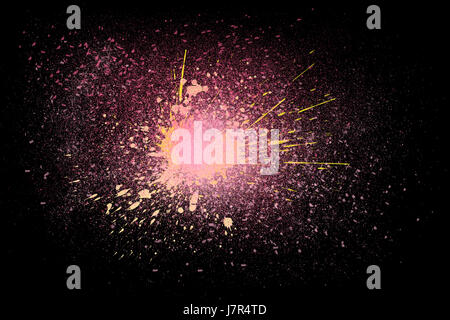Freeze motion of colorful powder exploding isolated on black dark background. Abstract design of color dust cloud. Particles explosion screen saver, w Stock Photo