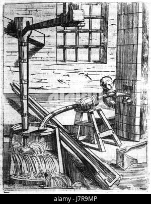 *Particolari della tromba per fucina* by A. Della Fratta explores the details of a bellows-operated furnace, focusing on the craftsmanship involved in creating a metalworking trumpet used in a forge. Stock Photo