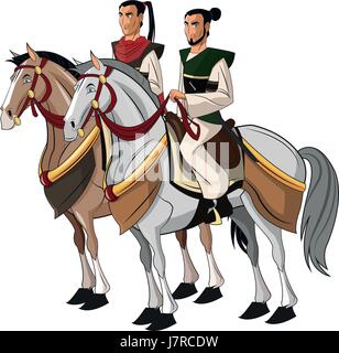 Samurai Warriors Riding Horses, designed on sunset background graphic vector. Stock Vector