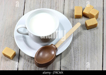 milk being prepared for a hot chocolate with caramel flavor Stock Photo