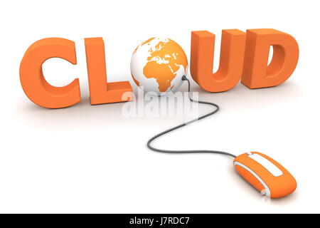 cloud word text globe planet earth world mouse computer mouse online orange Stock Photo